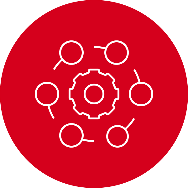 Red circle with white gears and surrounding circles icon inside