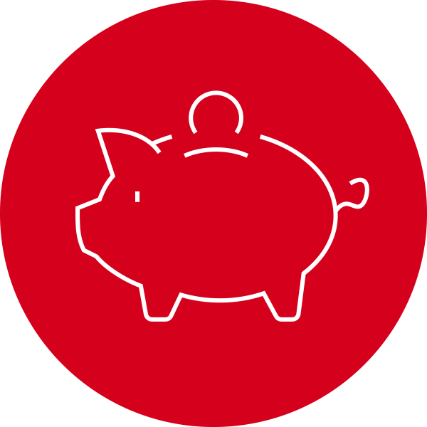 Red circle with white piggy bank icon inside
