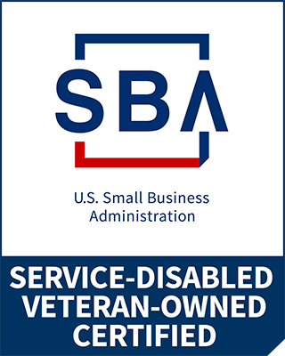 Service Disabled Veteran Owned Certified seal in navy blue and red