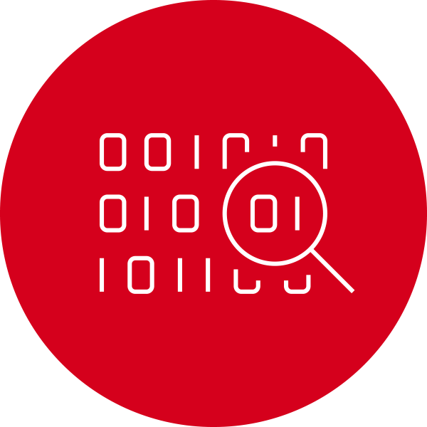 Red circle with white magnifying glass investigating code icon inside