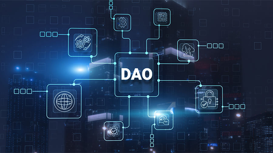 Illustration of DAO model over photo of a city