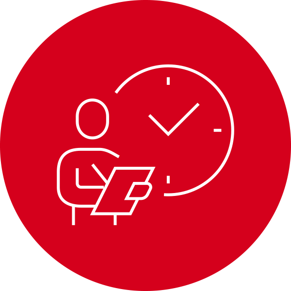 Red circle with white person writing on a clipboard and clock behind them icon inside