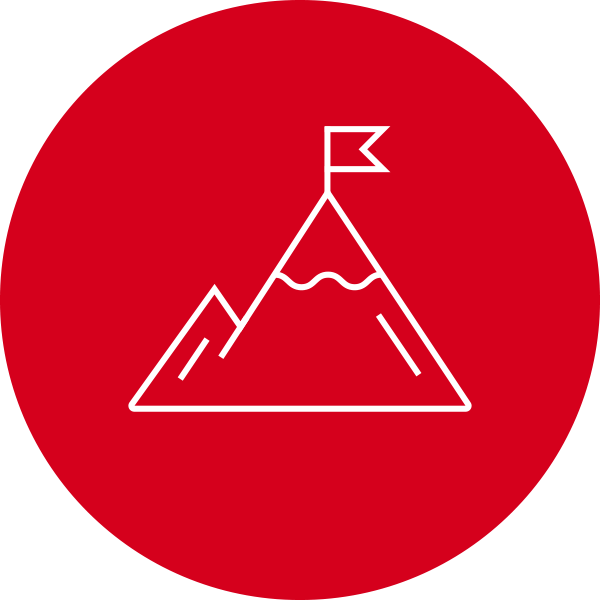Red circle with white mountain with flag icon inside
