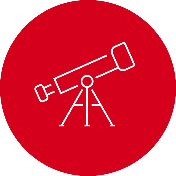 Red circle with white telescope icon inside